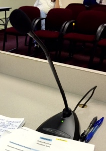 Board members and the Superintendent each have a microphone that clearly records audio of Board meetings.